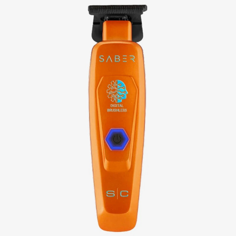 StyleCraft Saber Professional Cordless Trimmer available in Black, Gold, White, and Orange with a digital brushless motor for professional barbering.