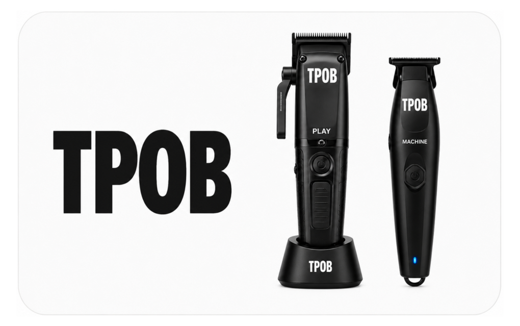 Two black TPOB electric hair clippers shown on a white background, with one standing on a charging base and one handheld. Large black TPOB text appears on the left.