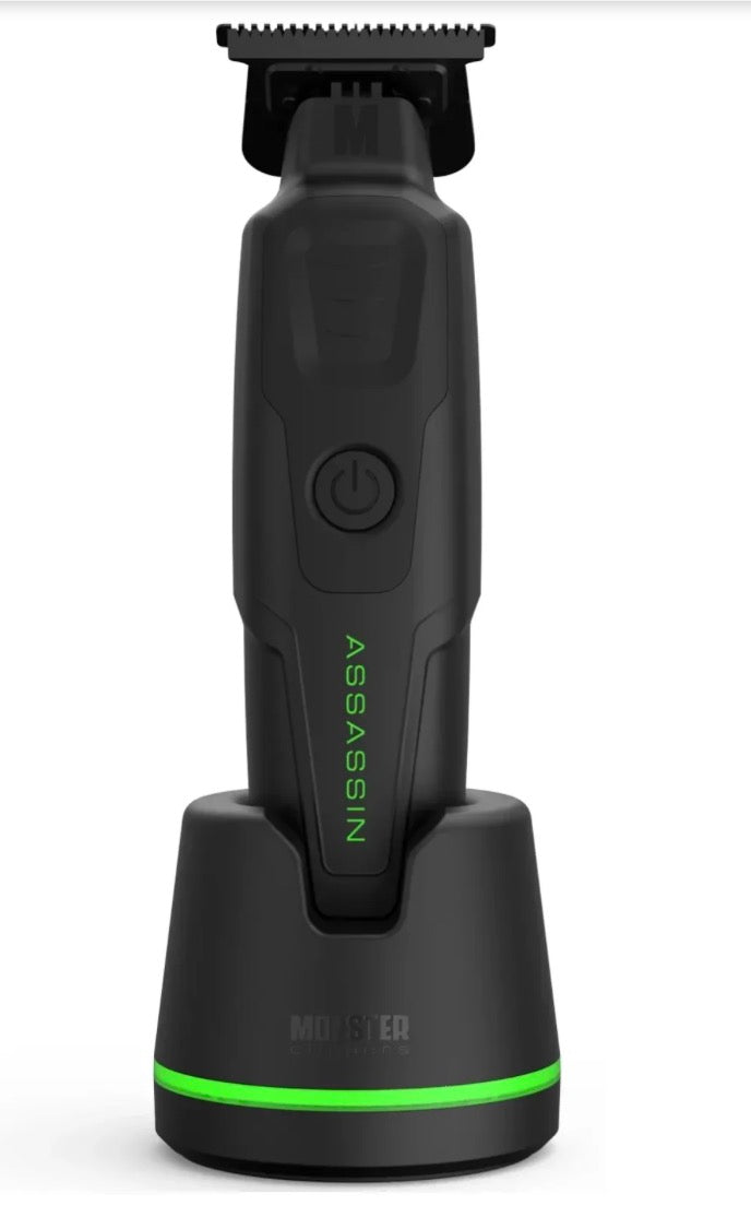 Monster Assassin cordless trimmer with charging stand black and green barber tool