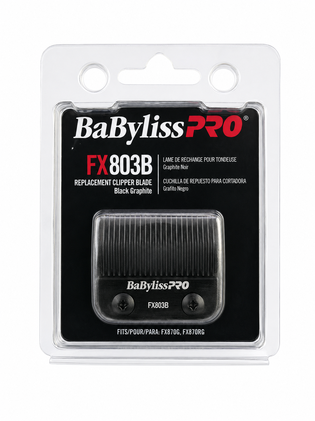BaBylissPRO FX803B replacement clipper blade in black graphite, sealed in a clear plastic blister pack with a black and white retail card.