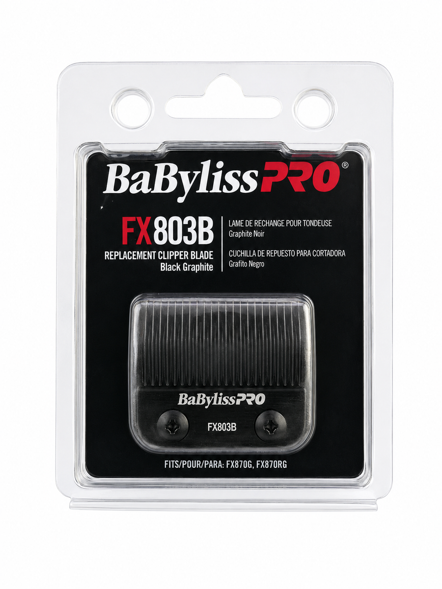 BaBylissPRO FX803B replacement clipper blade in black graphite, sealed in a clear plastic blister pack with a black and white retail card.