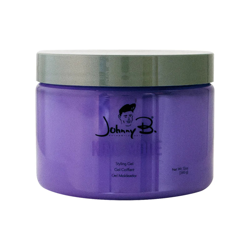 Purple jar of Johnny B. styling gel with a silver lid on a white background. King Mode