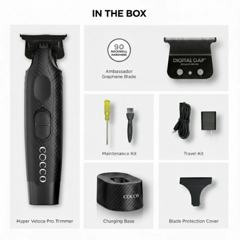 COCCO Hyper Veloce Pro Trimmer blade detail carbon fiber cordless trimmer for lineups