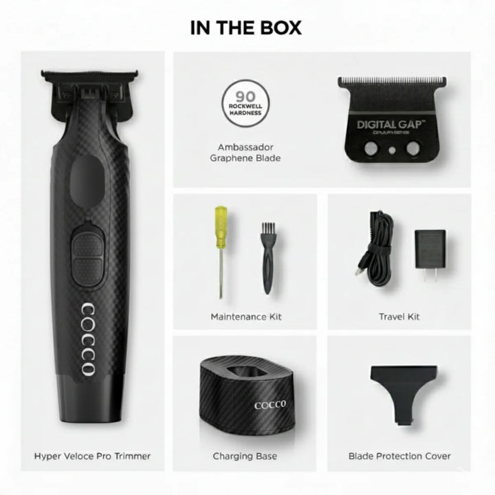 COCCO Hyper Veloce Pro Trimmer blade detail carbon fiber cordless trimmer for lineups