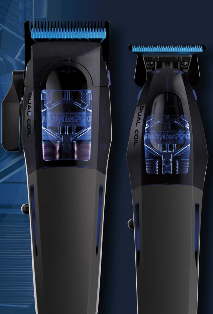 BaBylissPRO dual coil clipper and trimmer close up blue motor detail barber tools