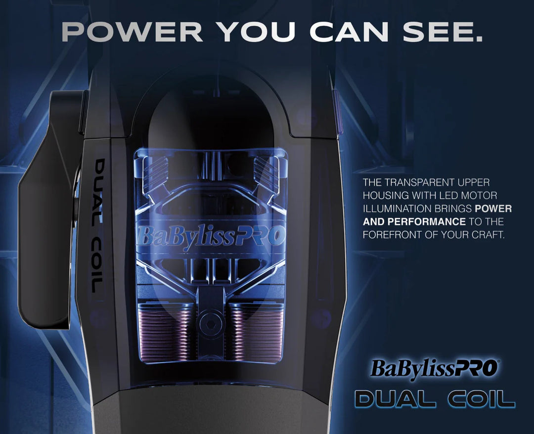 BaBylissPRO Dual Coil hair dryer with transparent upper housing and LED motor illumination on a dark background.