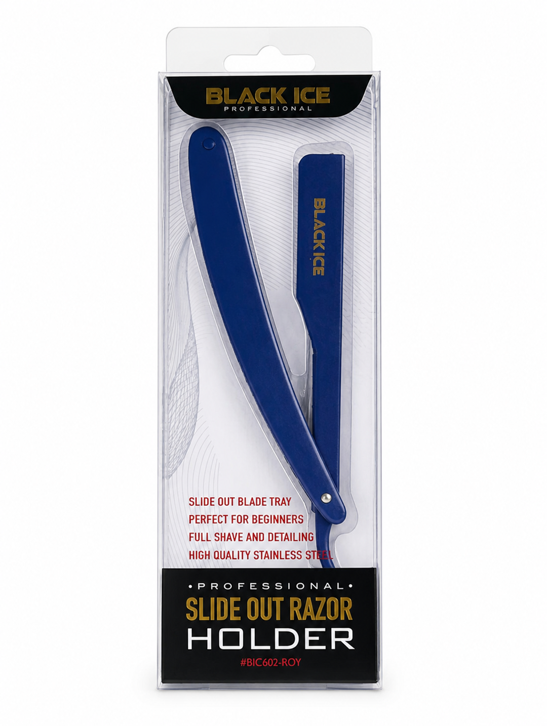 Black Ice professional straight razor holder in royal blue on white background for barber shaving and detailing