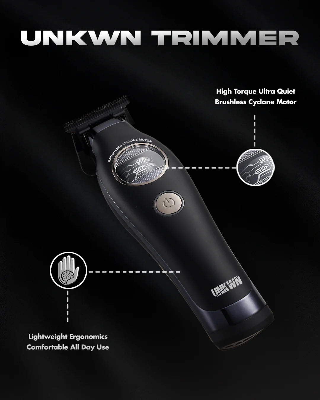 UNKWN Cyclone Trimmer promotional image showing lightweight ergonomic design and quiet brushless motor