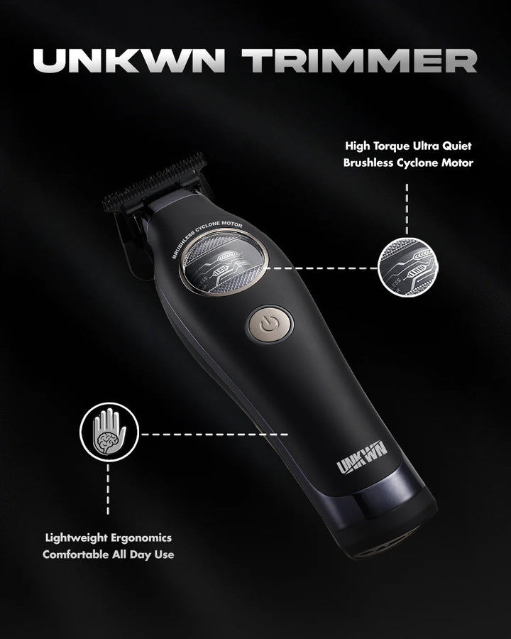 UNKWN Cyclone Trimmer promotional image showing lightweight ergonomic design and quiet brushless motor