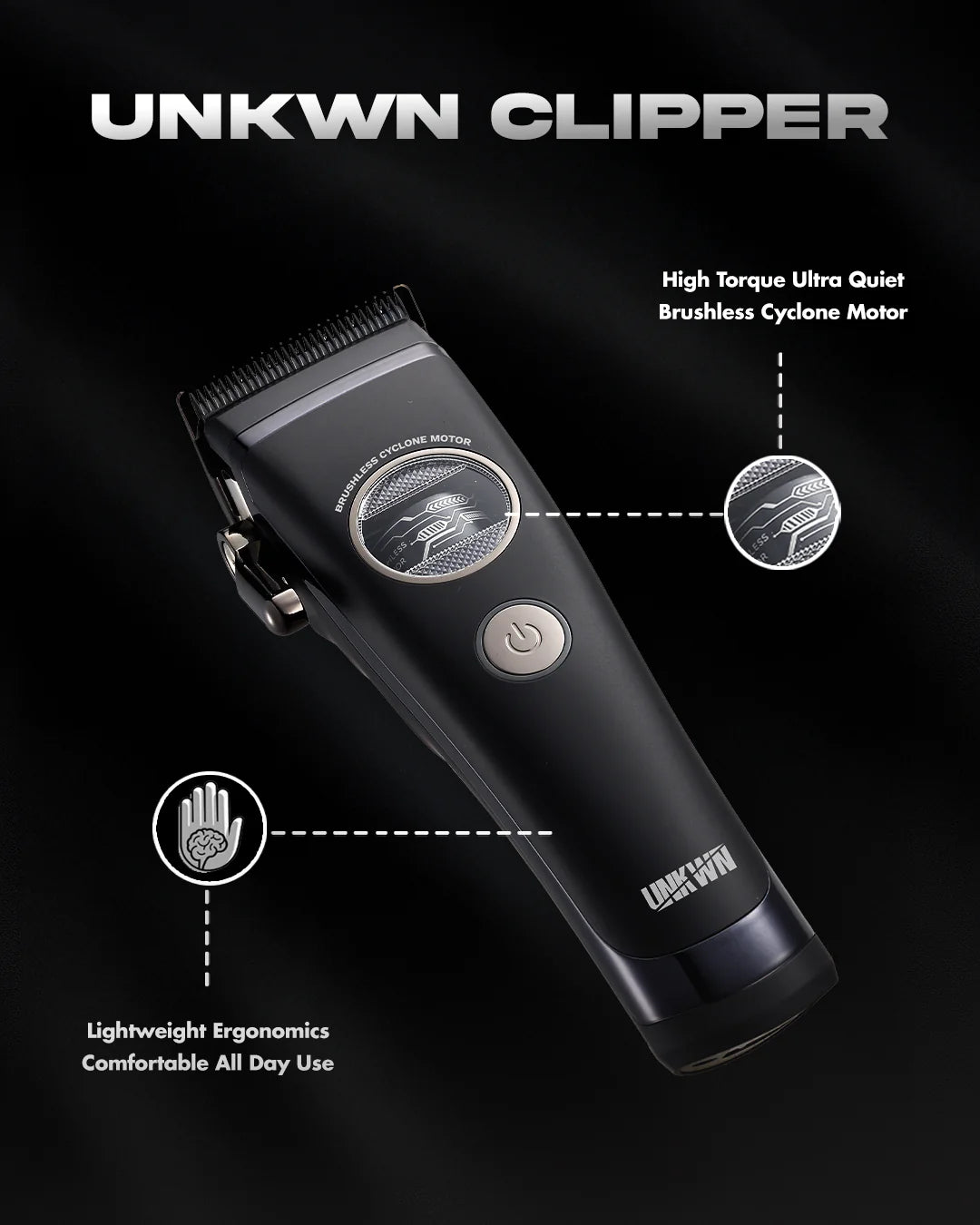 UNKWN Cyclone cordless clipper promotional image showing quiet brushless motor and ergonomic design