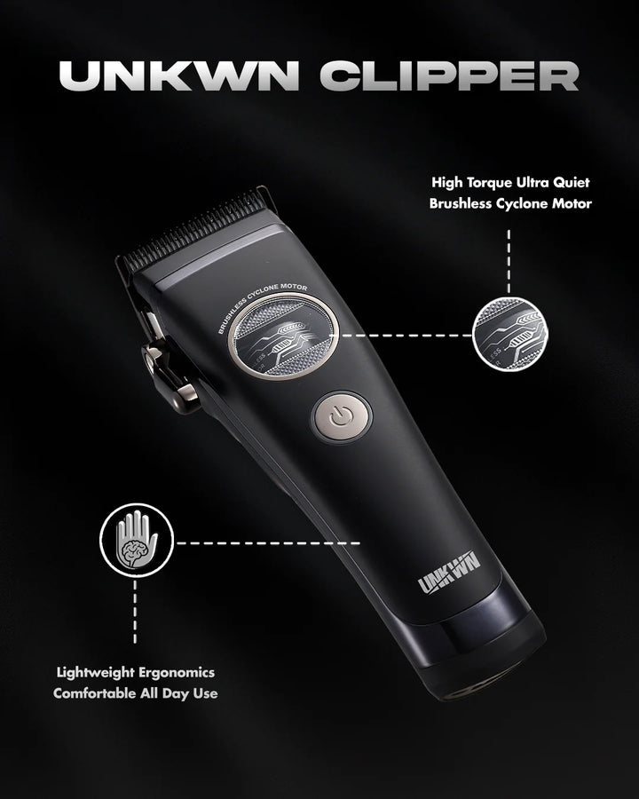 UNKWN Cyclone cordless clipper promotional image showing quiet brushless motor and ergonomic design