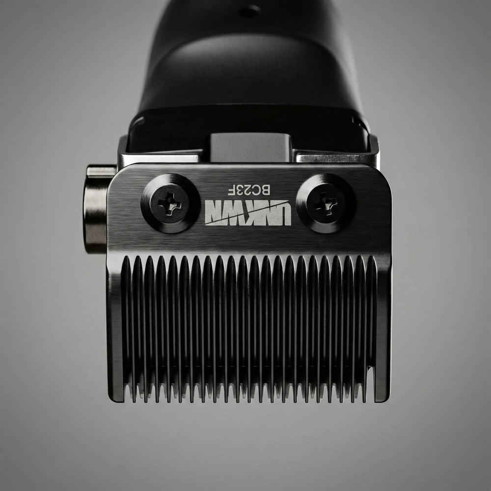 Close-up blade view of the UNKWN Cyclone professional clipper