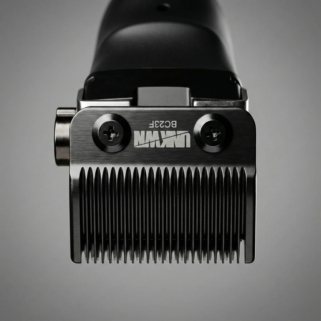 Close-up blade view of the UNKWN Cyclone professional clipper