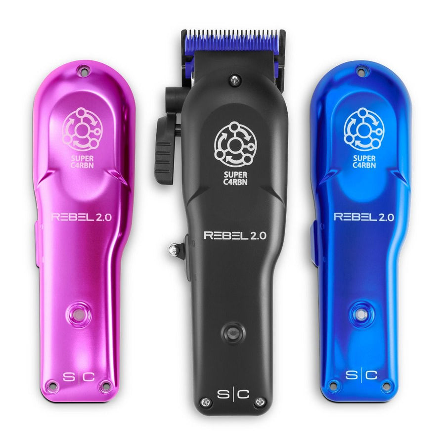 StyleCraft Rebel 2.0 professional cordless hair clipper with interchangeable pink, black, and blue housing options