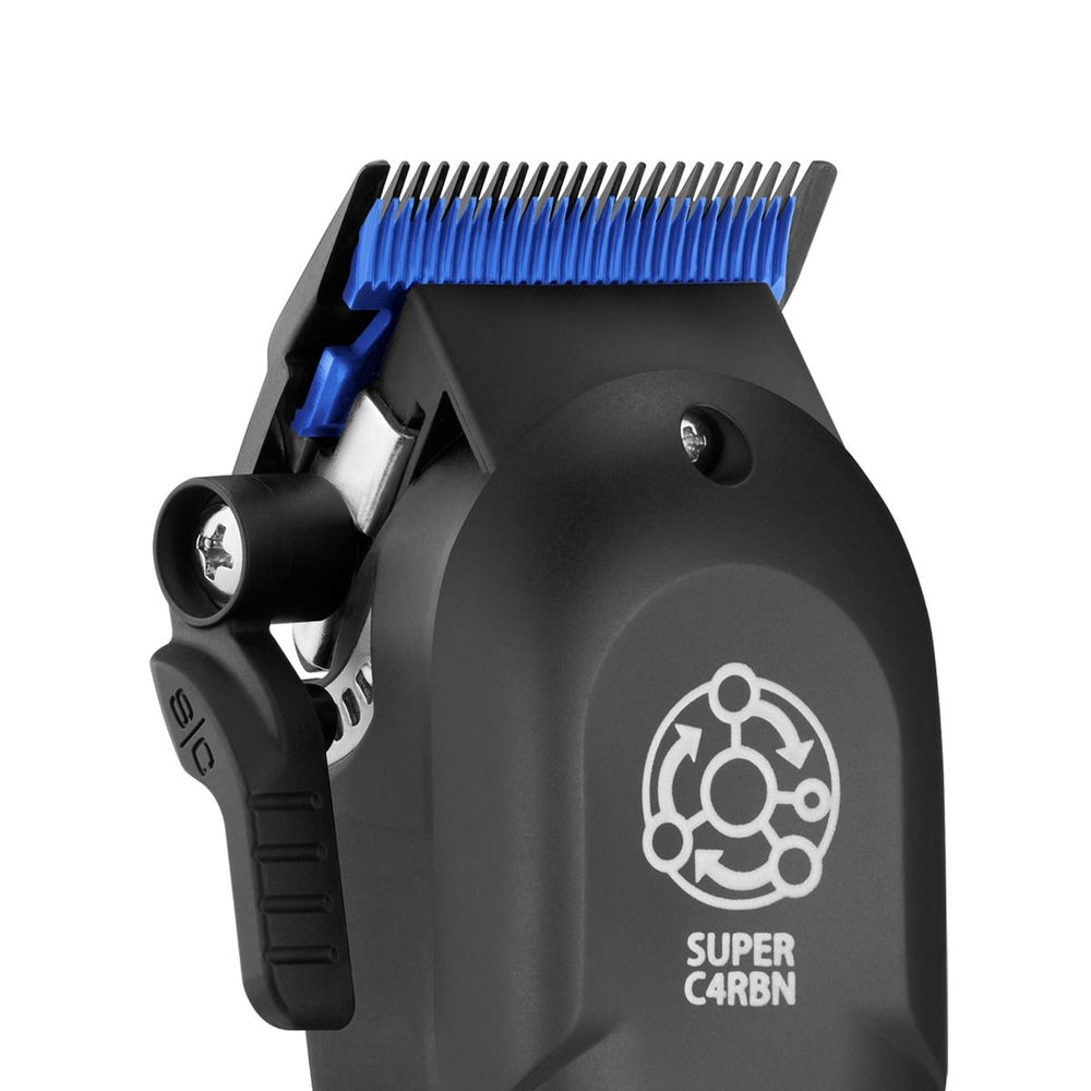 Close-up of StyleCraft Rebel 2.0 black DLC Echo Blade with blue ceramic cutter