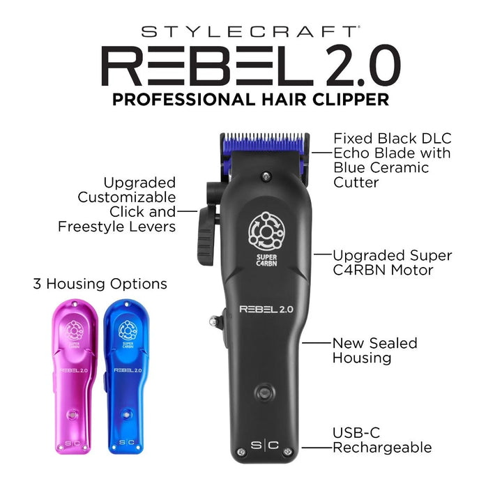StyleCraft Rebel 2.0 clipper feature overview showing USB-C charging, customizable lever, and DLC Echo Blade