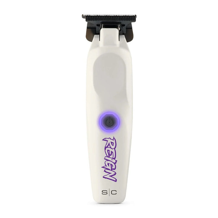 StyleCraft Reign professional cordless hair trimmer with white body and purple illuminated power button