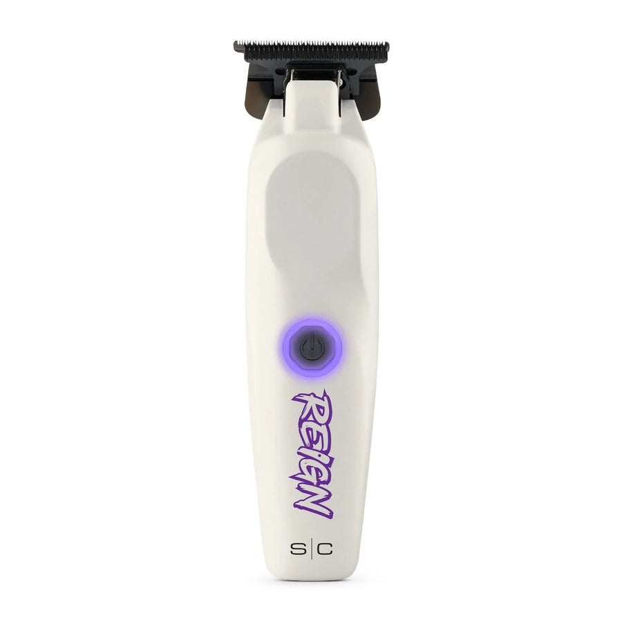 StyleCraft Reign professional cordless hair trimmer with white body and purple illuminated power button