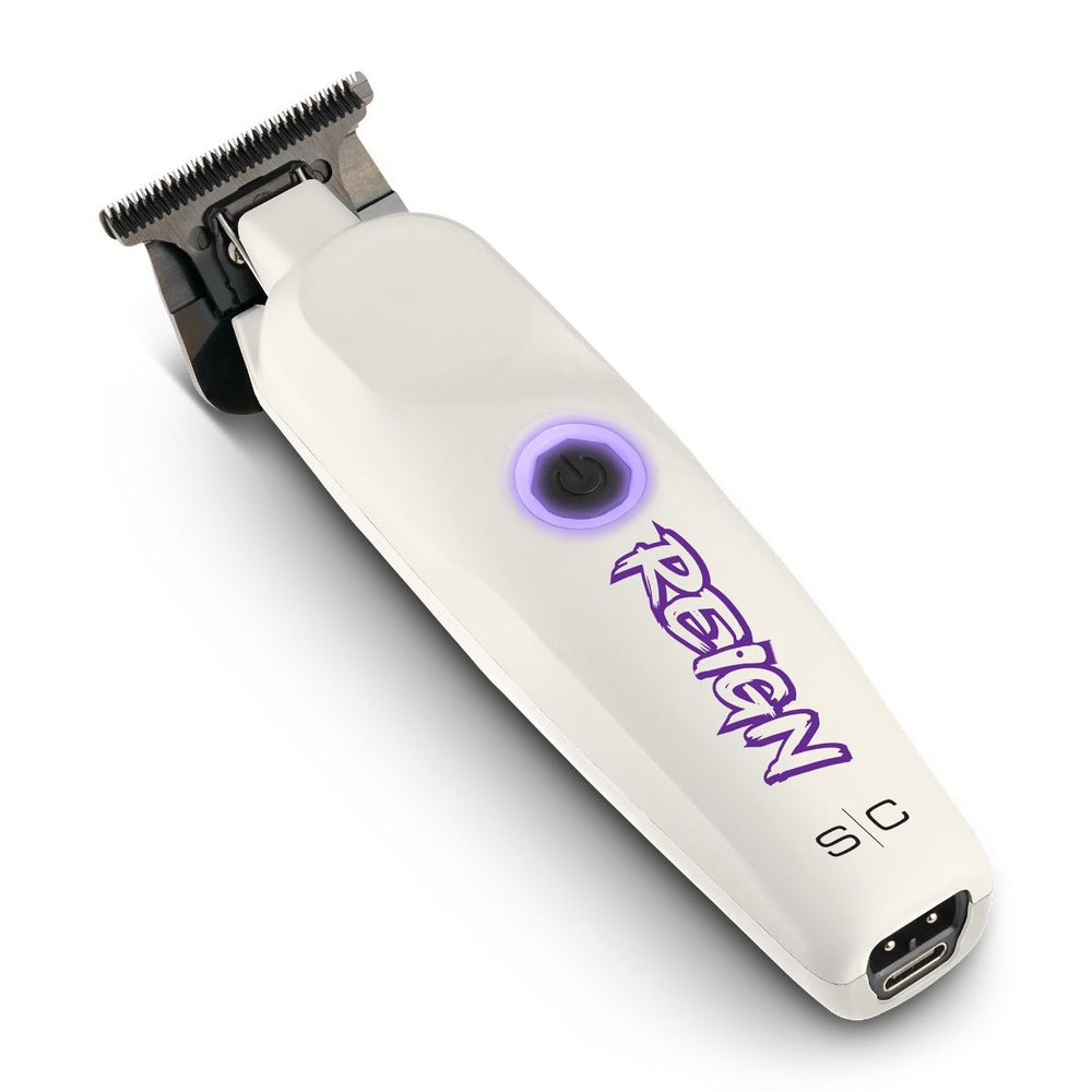 Angled view of StyleCraft Reign cordless trimmer with deep tooth blade and USB-C charging port