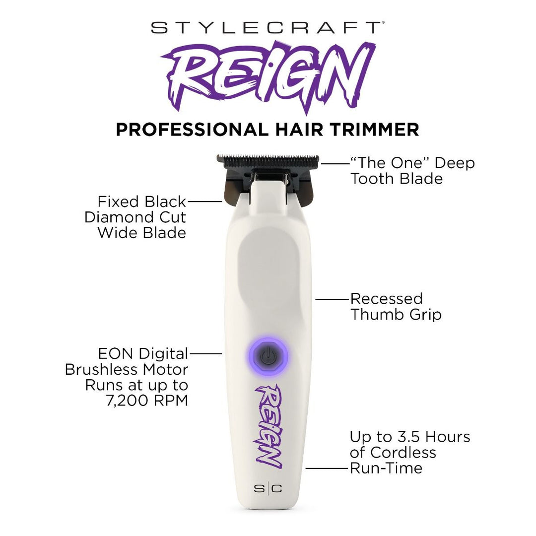 StyleCraft Reign professional hair trimmer feature overview showing EON digital brushless motor and deep tooth blade
