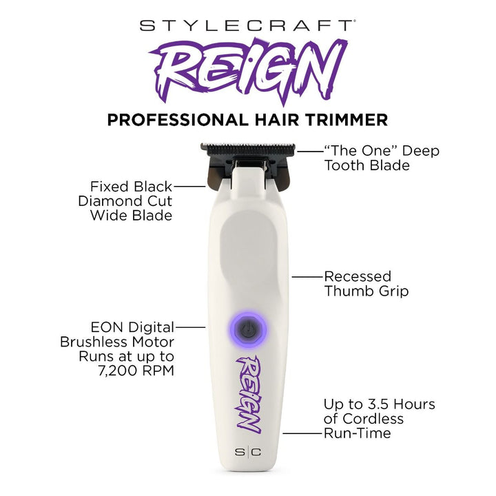 StyleCraft Reign professional hair trimmer feature overview showing EON digital brushless motor and deep tooth blade