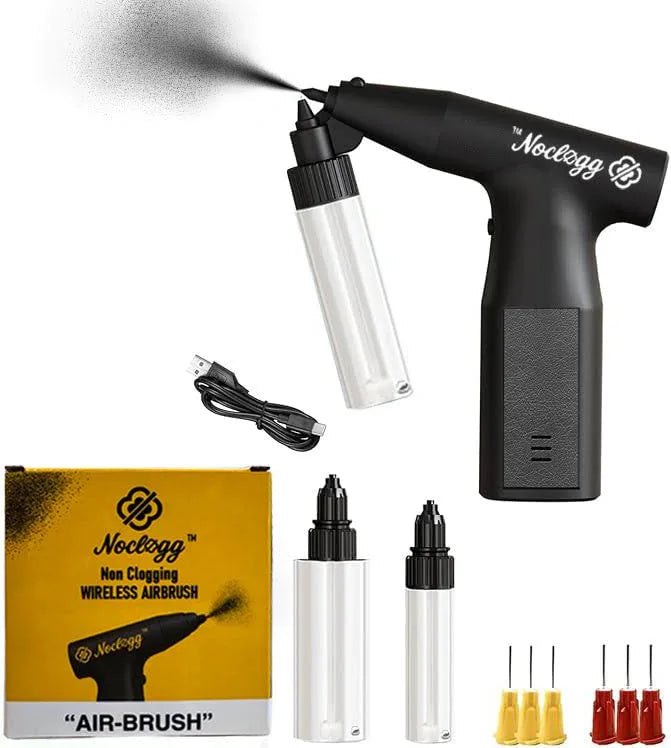 NoClogg wireless airbrush system kit with cordless spray gun, bottles, charging cable, and replacement needles