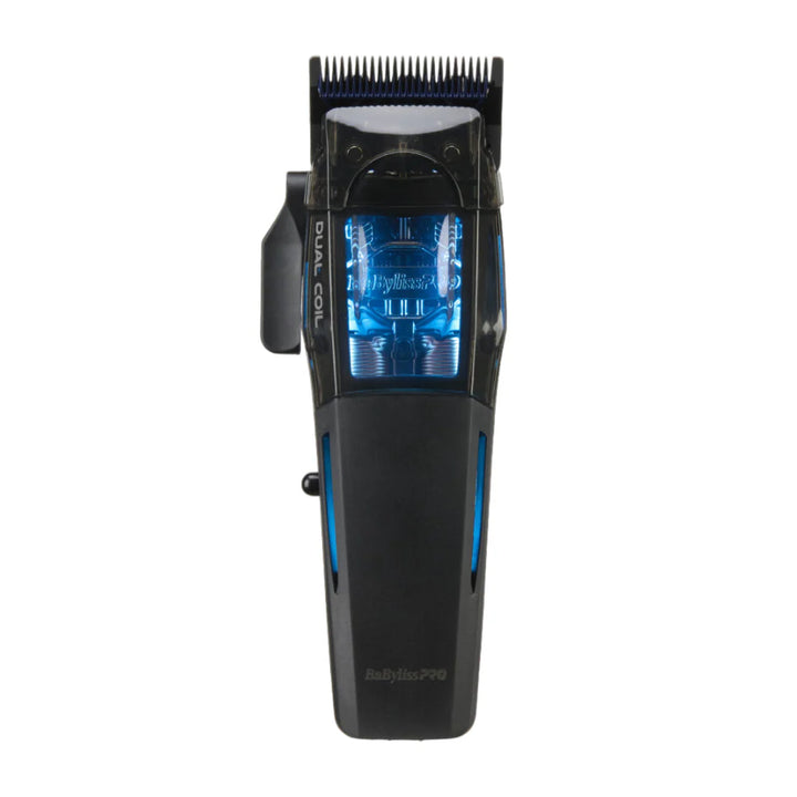 BabylissPRO Dual Coil professional cordless clipper front view with illuminated blue motor housing