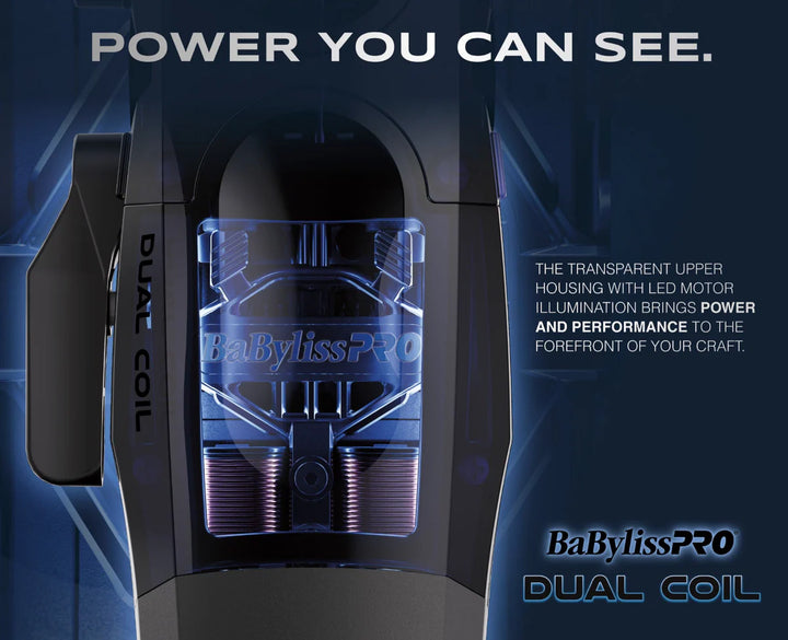 BabylissPRO Dual Coil clipper transparent motor housing with LED illuminated dual coil technology