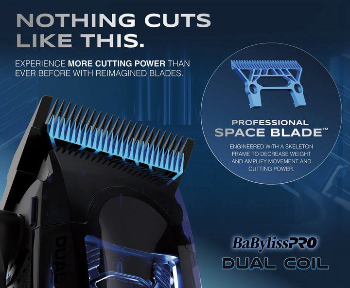 BabylissPRO Dual Coil clipper Professional Space Blade technology close-up barber clipper blade system