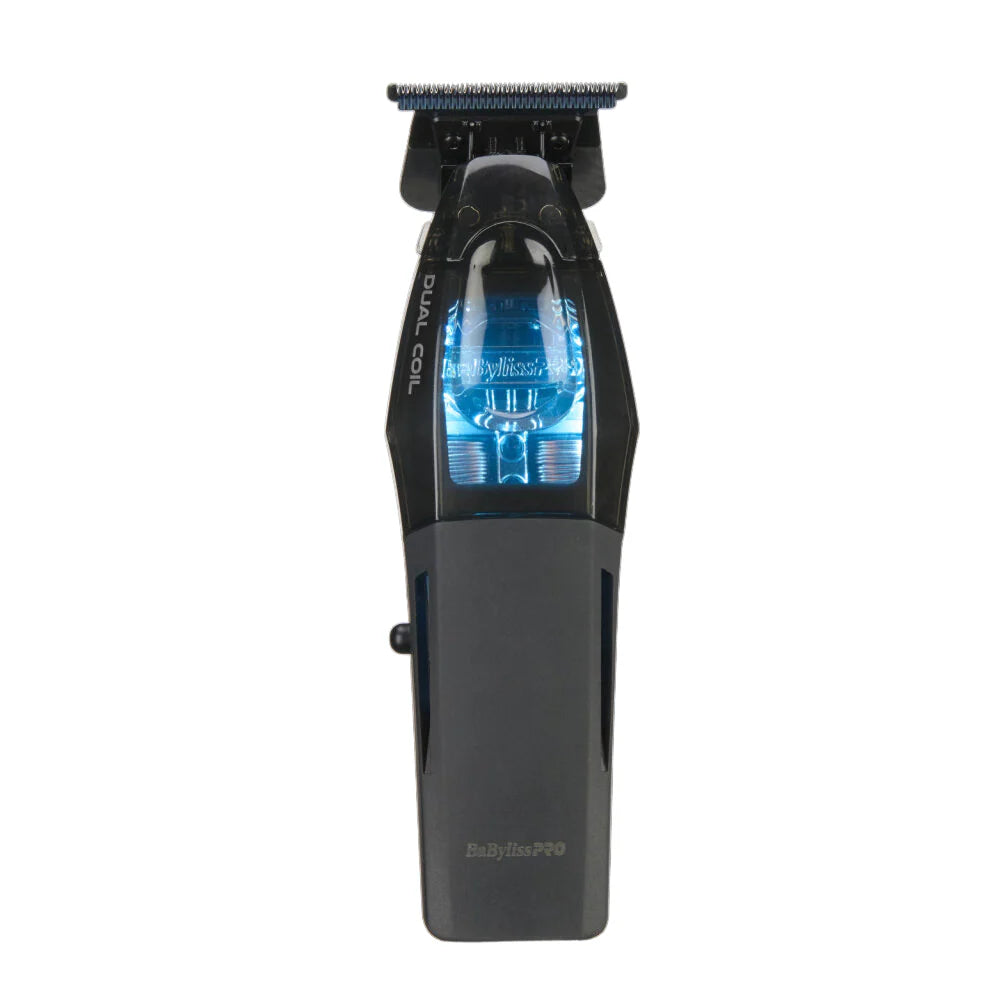 BabylissPRO Dual Coil FX95T professional cordless trimmer front view with illuminated blue motor housing