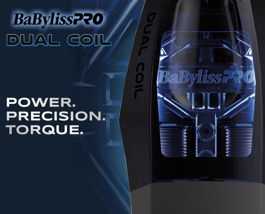 BabylissPRO Dual Coil FX95T trimmer close-up with power precision torque branding and illuminated motor housing