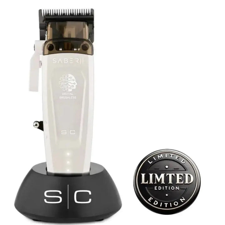 StyleCraft Saber II limited edition white barber clipper with charging stand
