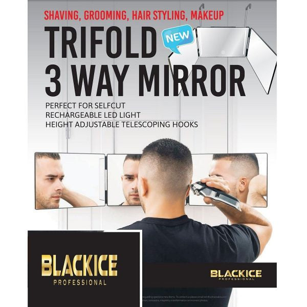 Professional trifold 3-way barber mirror with rechargeable LED light and adjustable telescoping hooks for self haircuts