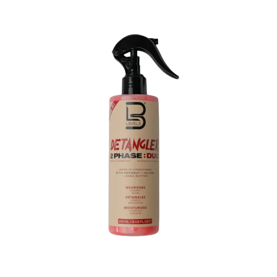 L3VEL3 2 Phase Duo Detangler Leave-In Conditioner with coconut, jojoba oil and shea butter in 8.45 oz spray bottle.