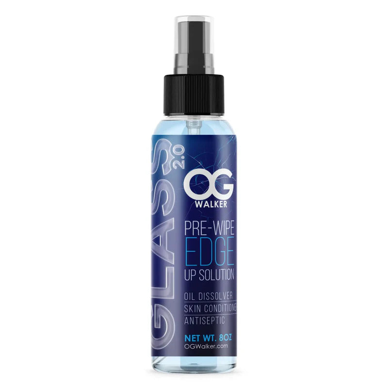 OG Walker Pre-Wipe Edge Up Solution oil dissolver, skin conditioner, and antiseptic in an 8 fl oz spray bottle for professional barbers.
