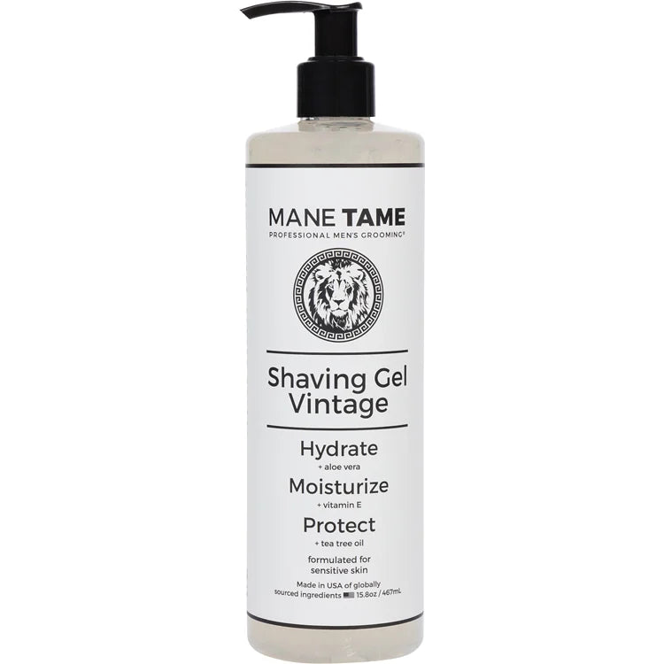 Mane Tame Vintage Shaving Gel for sensitive skin with aloe vera, vitamin E, and tea tree oil in a 15.8 oz bottle.