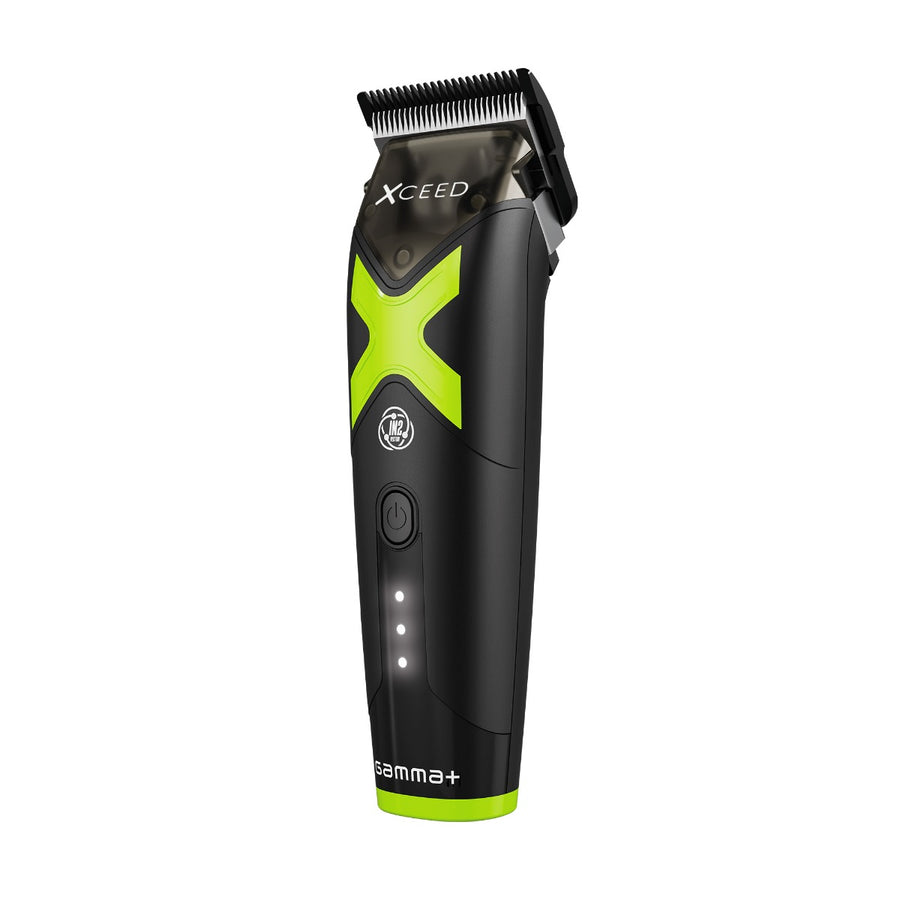 Gamma+ XCEED professional cordless hair clipper featuring the IN2 Vector Motor, shown on retail packaging with multiple color options.