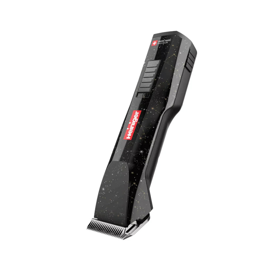 Heiniger Orion professional cordless hair clipper retail box featuring Swiss-made precision and up to 120 minutes of cordless runtime.