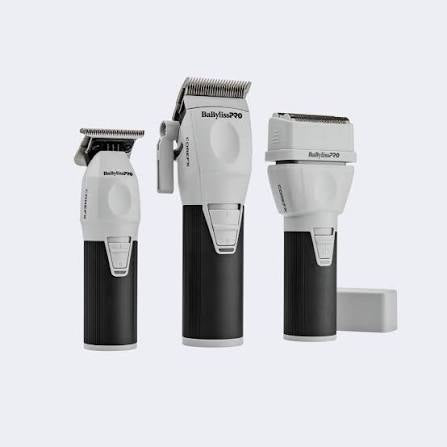 BaBylissPRO CoreFX Complete Set including a professional cordless clipper, trimmer, and double-foil shaver in retail packaging.