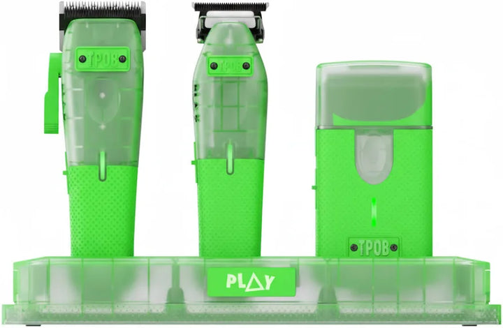 TPOB PLAY Mini professional barber set featuring a cordless clipper, trimmer, foil shaver, and charging dock in green retail packaging.