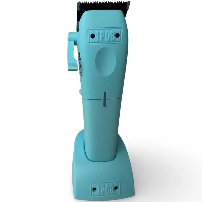 TPOB PRO PLAY professional cordless hair clipper in mint retail packaging featuring 5-hour runtime, dual-speed motor, and XO PLAY blade compatibility.