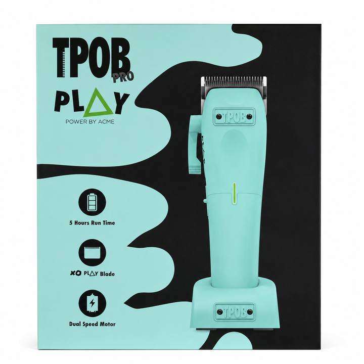 TPOB Play Pro cordless hair clipper in mint green shown on its retail packaging box. The box features a black and mint green abstract design with product specifications and icons.