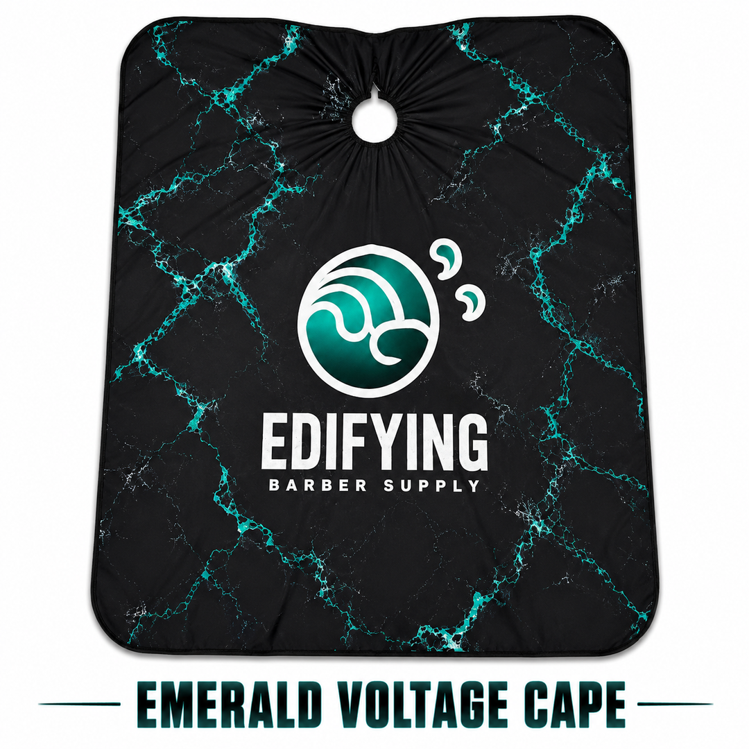 Edifying Barber Supply Emerald Voltage black and emerald barber cape