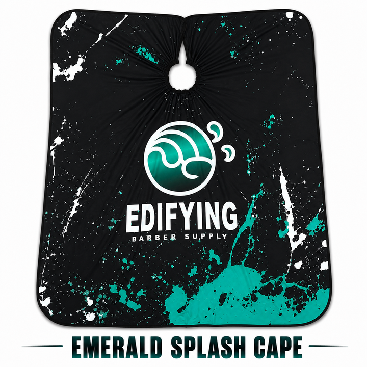 Edifying Barber Supply Emerald Splash black teal and white barber cape